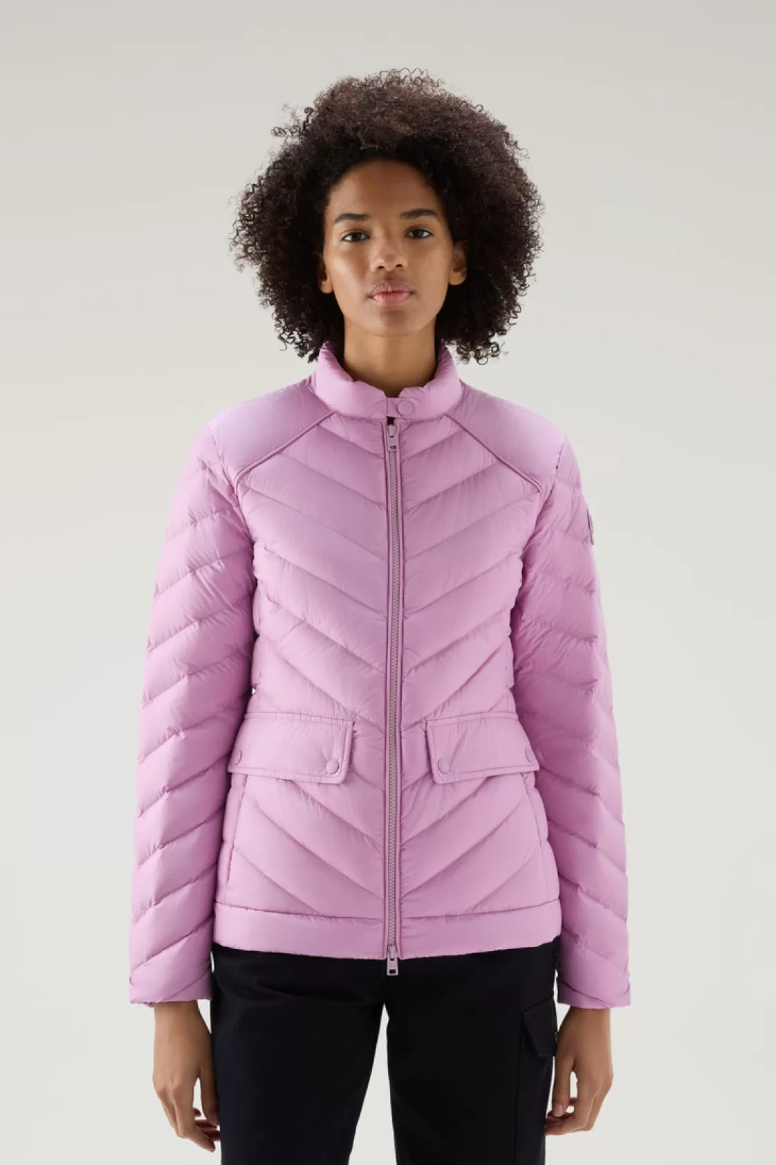 Lightweight Down Jackets>woolrich Short Padded Jacket With Chevron Quilting Smoky Rose