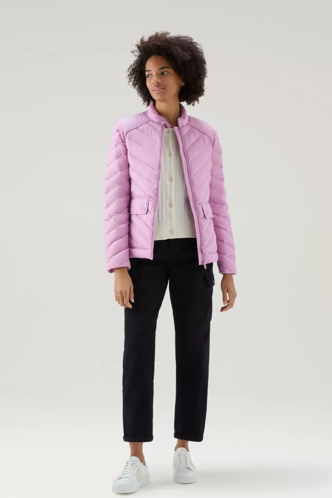 Lightweight Down Jackets>woolrich Short Padded Jacket With Chevron Quilting Smoky Rose