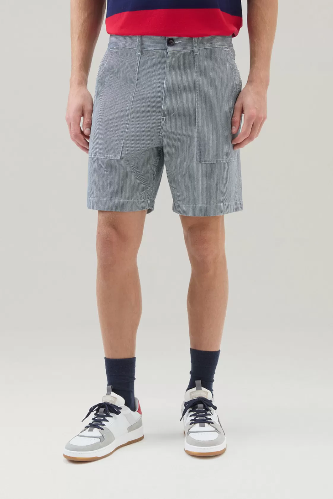 Trousers & Shorts>woolrich Striped Chino Shorts In Stretch Cotton Blend Blue Stripe