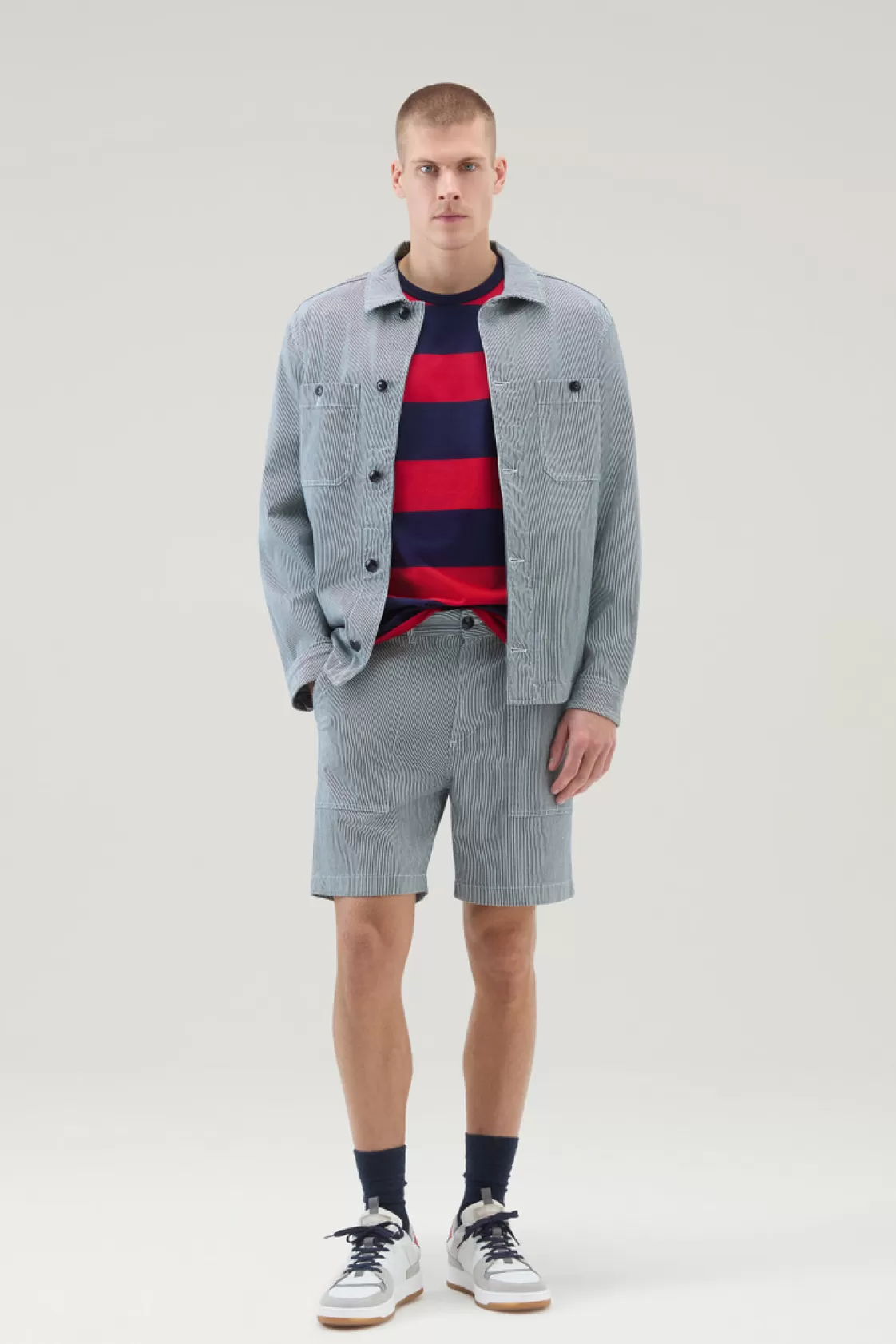 Trousers & Shorts>woolrich Striped Chino Shorts In Stretch Cotton Blend Blue Stripe