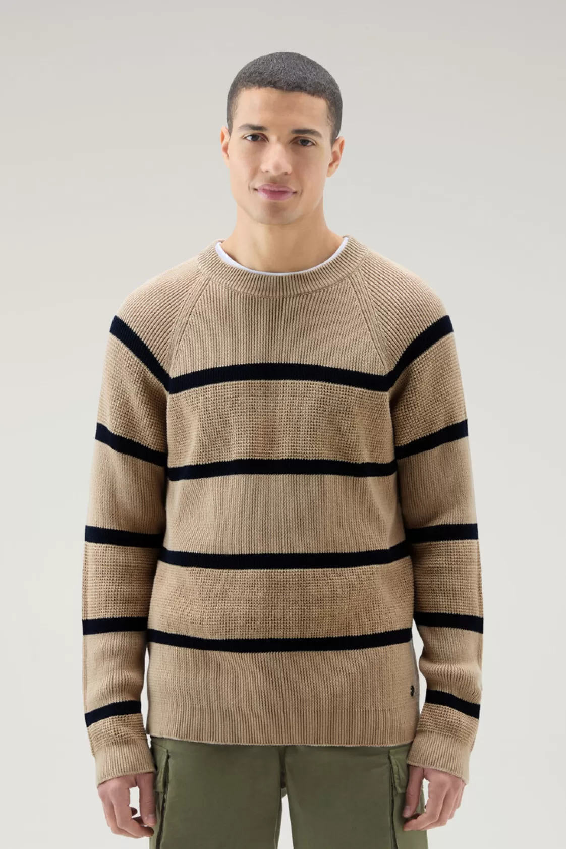 Sweaters>woolrich Striped Crewneck Sweater In Pure Cotton Beach Sand Stripe