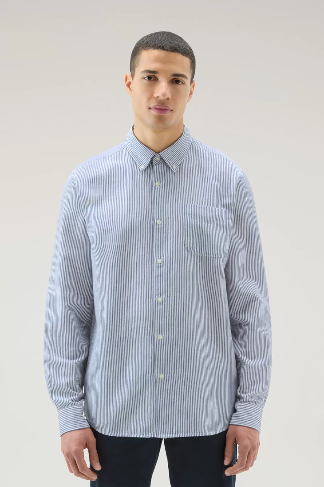 Flannels & Shirts>woolrich Striped Shirt In Cotton-Linen Blend Maritime Blue Stripe