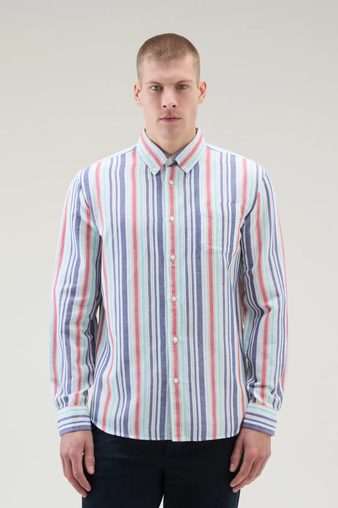 Flannels & Shirts>woolrich Striped Shirt In Cotton-Linen Blend Red Stripe