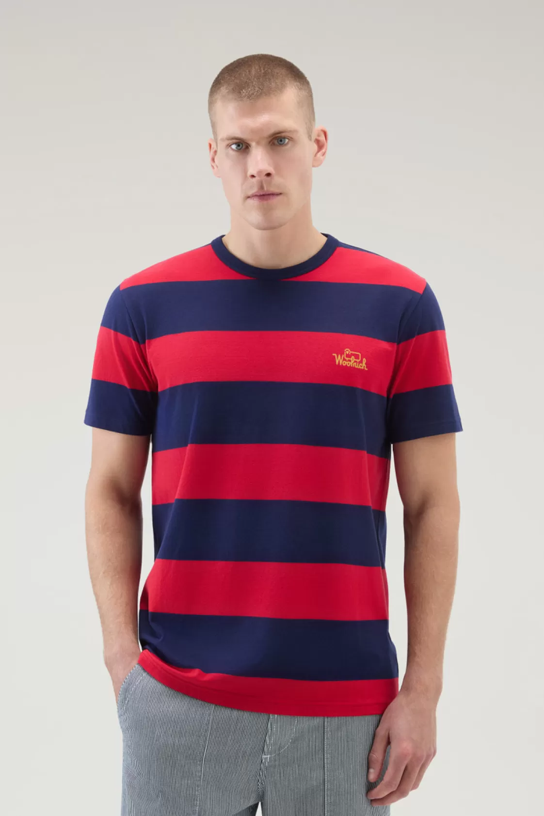 T-Shirts>woolrich Striped T-Shirt In Stretch Cotton Jersey Red Stripe