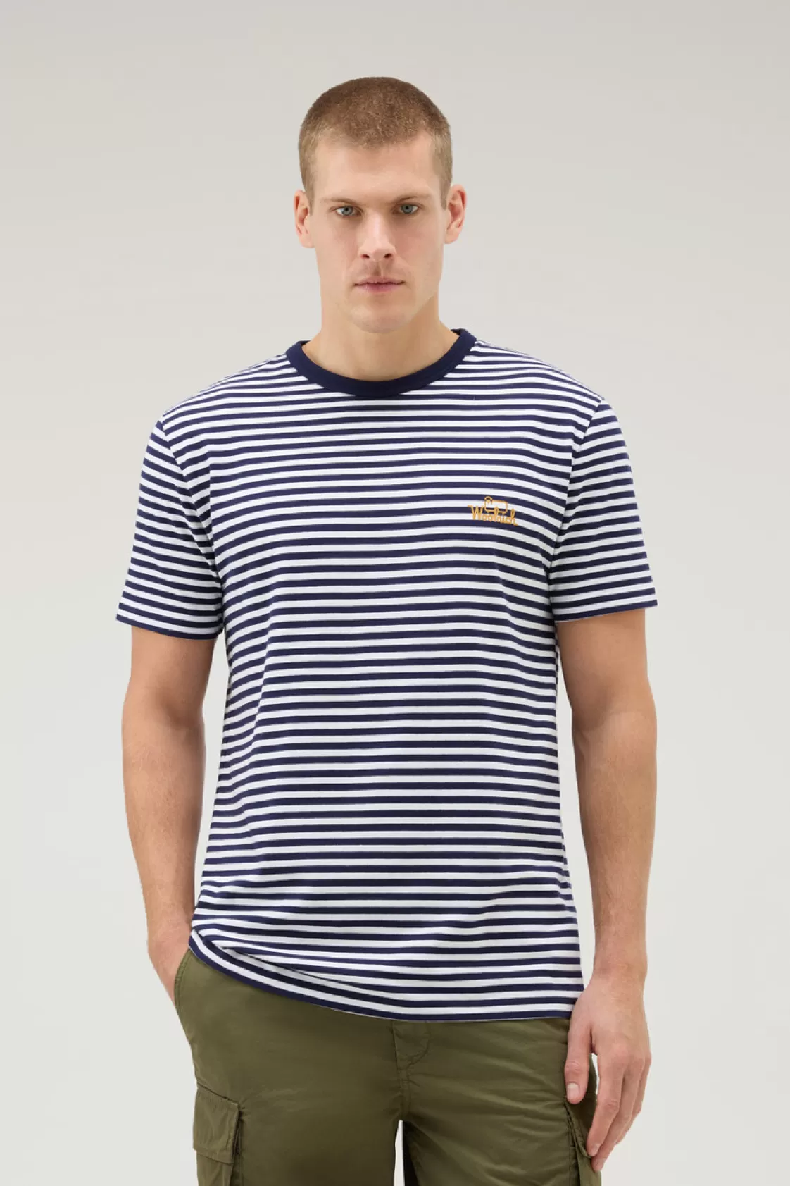 T-Shirts>woolrich Striped T-Shirt In Stretch Cotton Jersey Blue Stripe