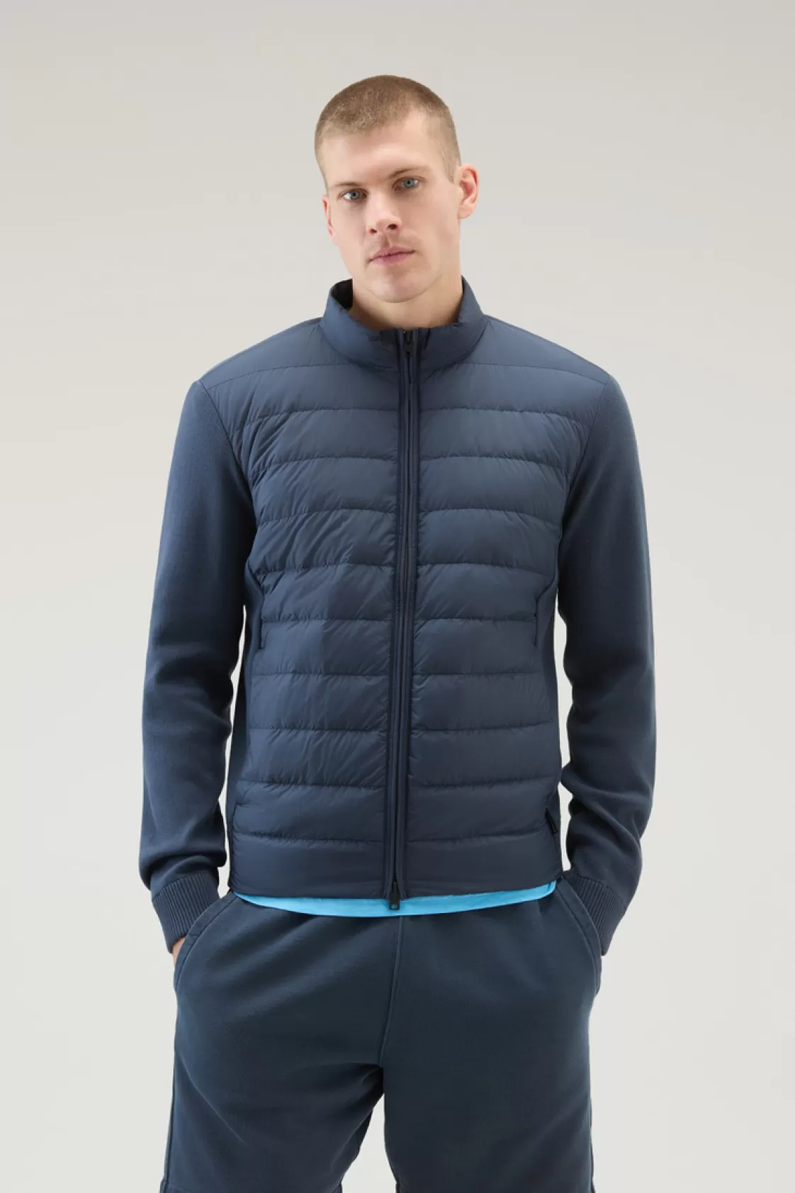 Bomber Jackets>woolrich Sundance Hybrid Bomber Jacket In Microfibre And Cotton Knit Melton Blue