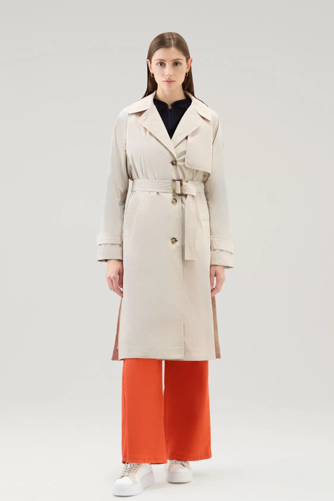 Coats>woolrich Trench Coat In Urban Touch Fabric With Belted Waist Light Oak