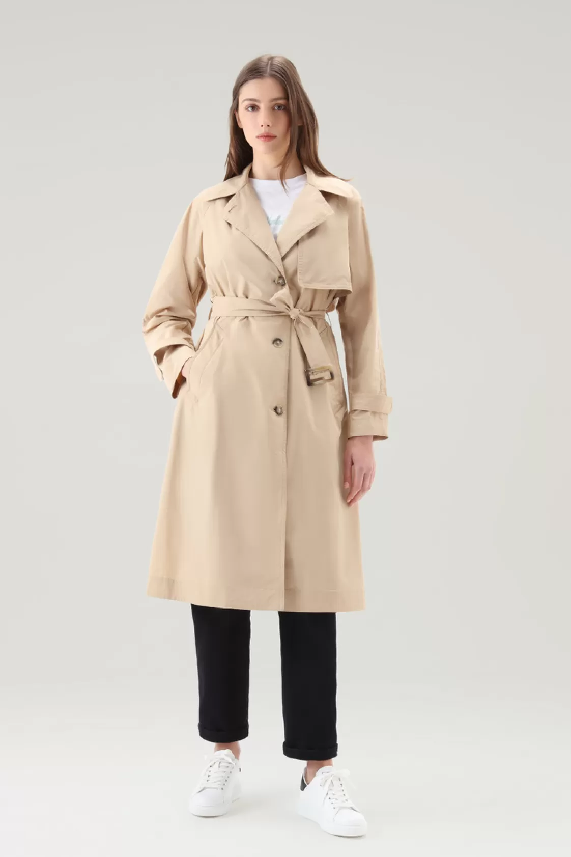 Coats>woolrich Trench Coat In Urban Touch Fabric With Belted Waist Feather Beige