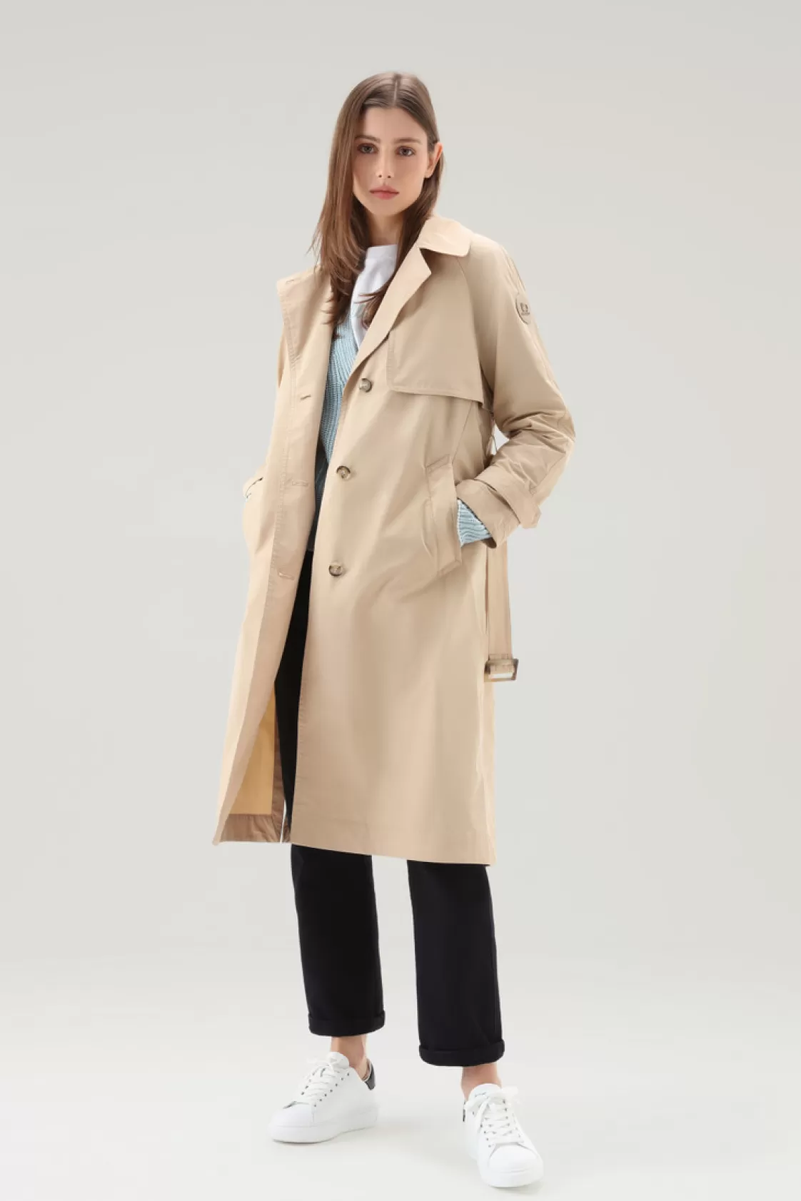 Coats>woolrich Trench Coat In Urban Touch Fabric With Belted Waist Feather Beige