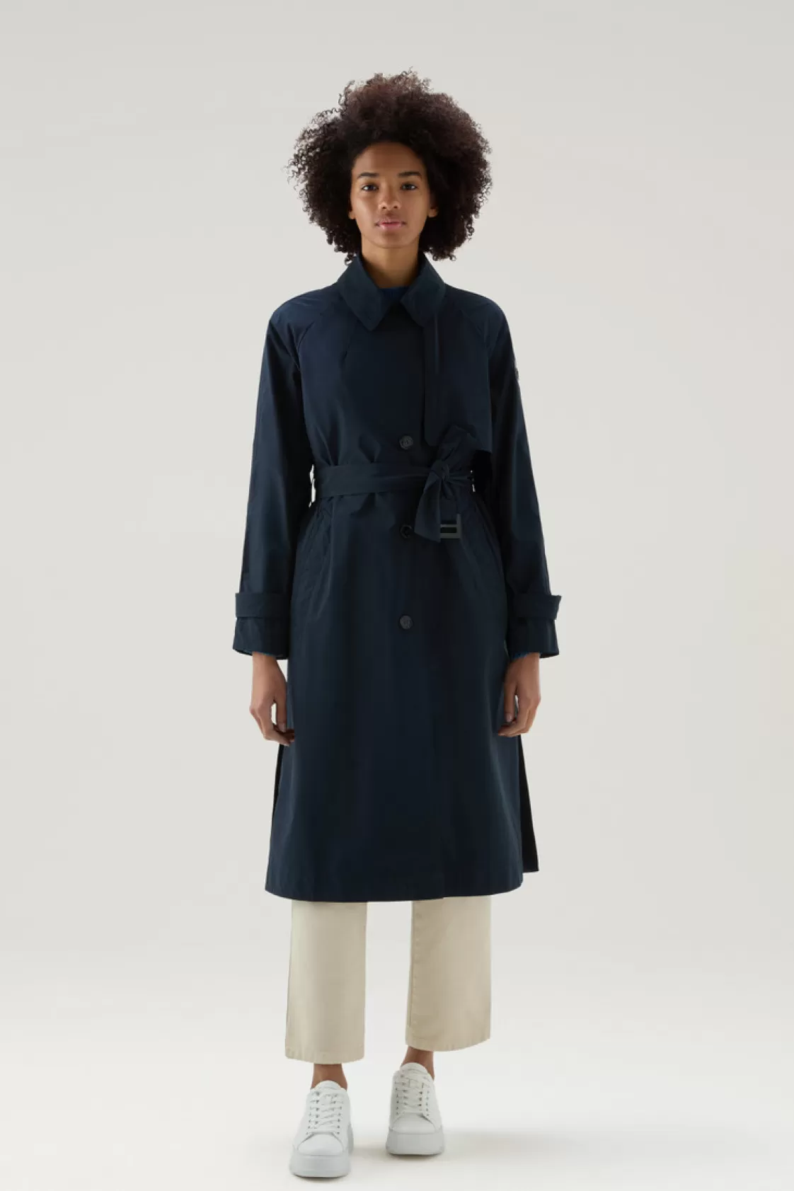 Coats>woolrich Trench Coat In Urban Touch Fabric With Belted Waist Melton Blue