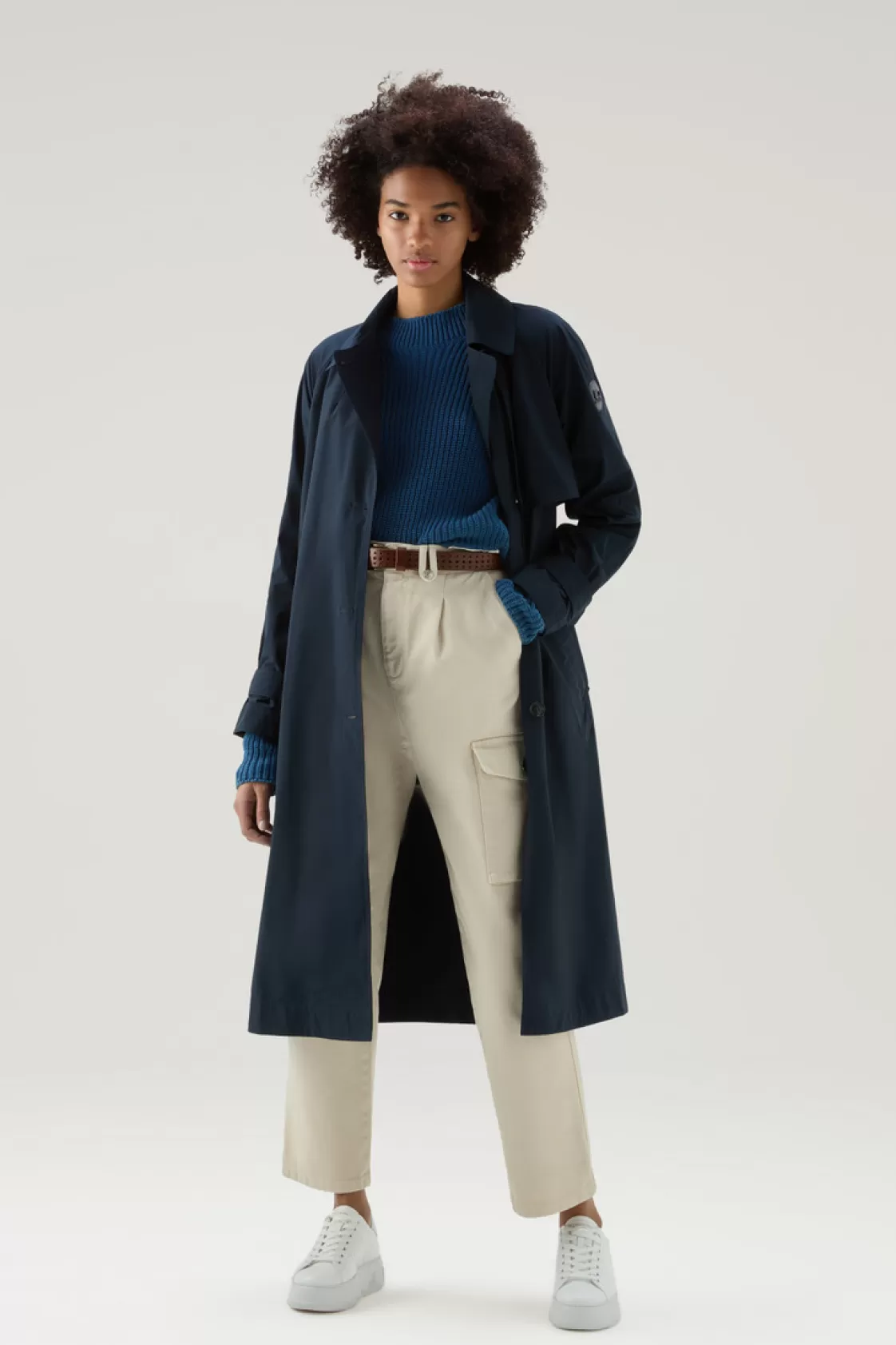 Coats>woolrich Trench Coat In Urban Touch Fabric With Belted Waist Melton Blue