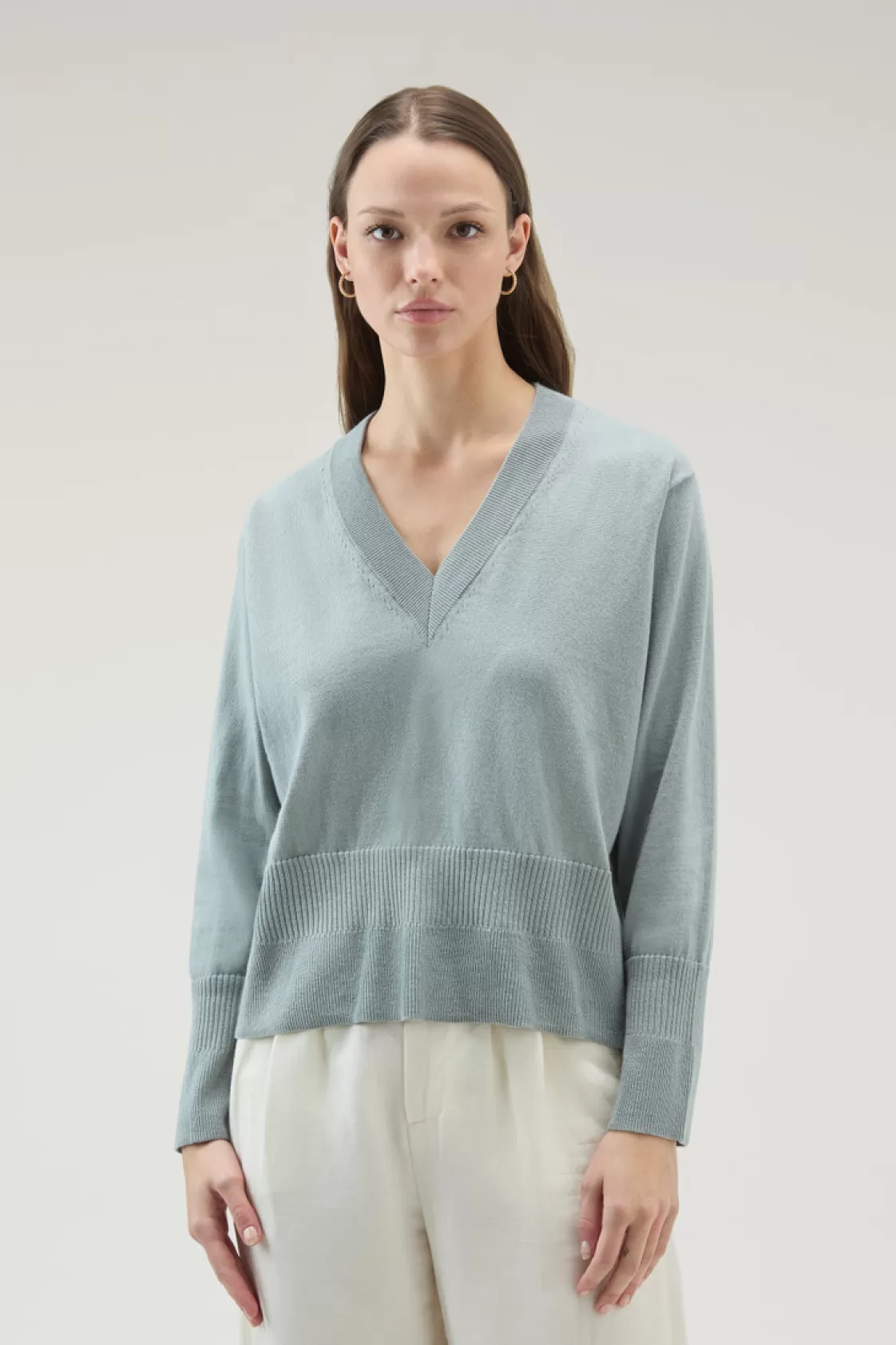 Sweaters>woolrich V-Neck Sweater In Cotton And Cashmere Sage