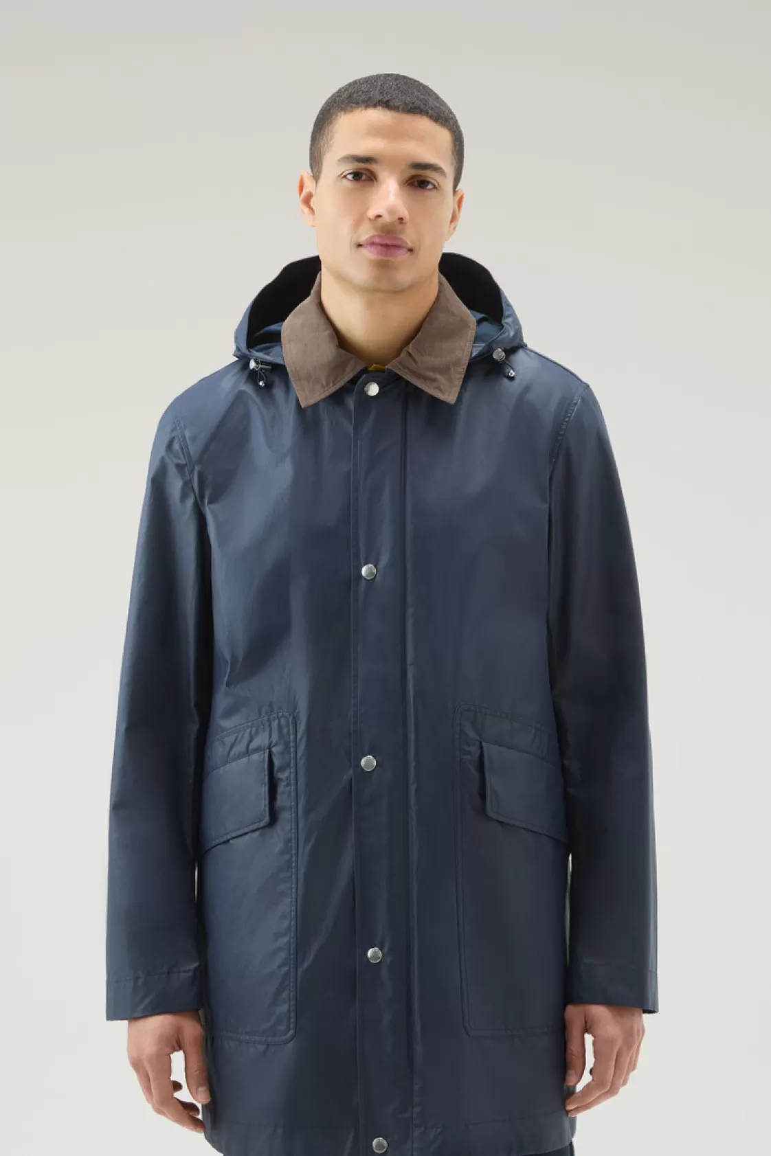 Coats>woolrich Waxed Jacket With Detachable Hood Melton Blue