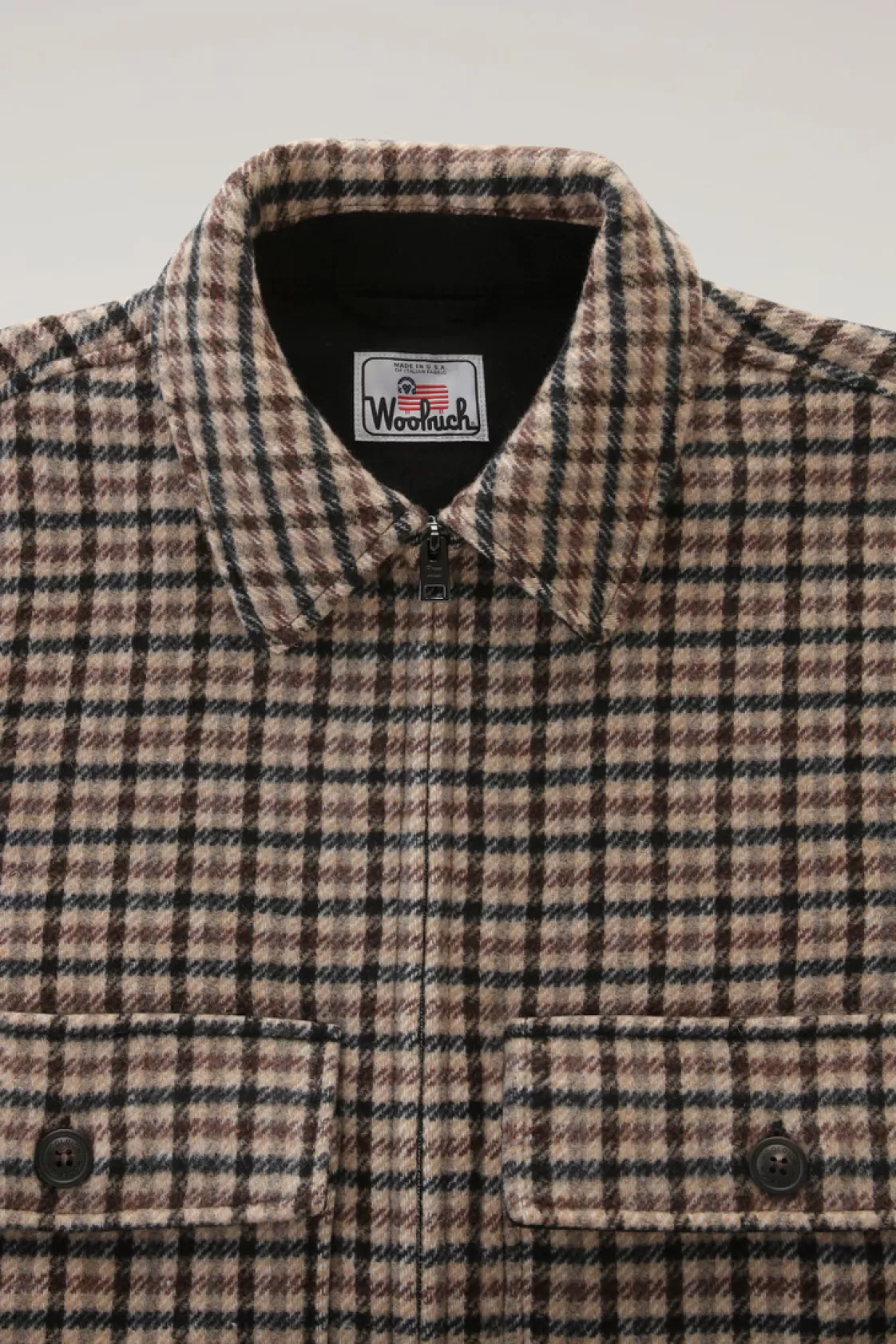 Overshirts & Shirt Jackets>woolrich Wool Blend Zip-front Plaid Flannel Overshirt Brown Check